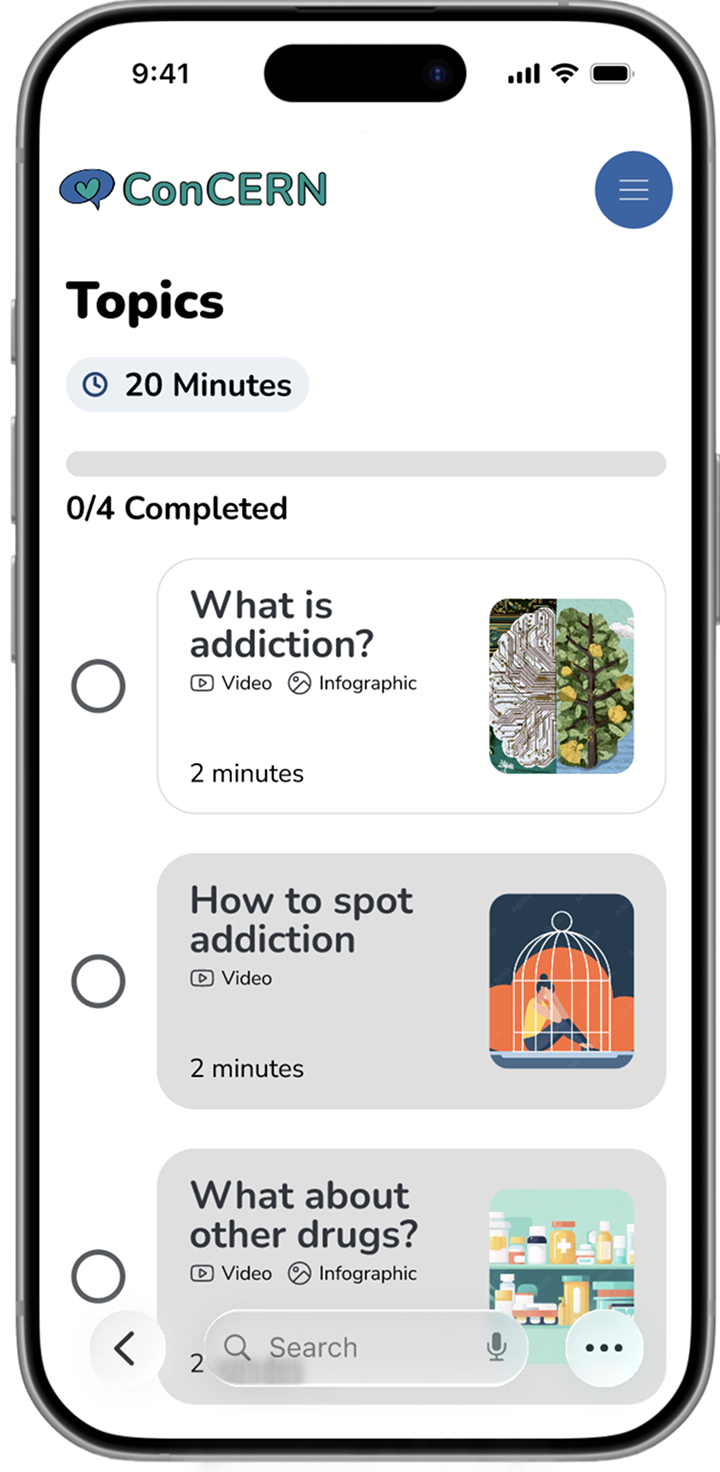 ConCERN caregiver tool — mobile screen