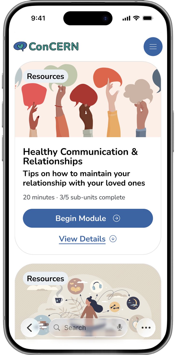 ConCERN caregiver tool — mobile screen